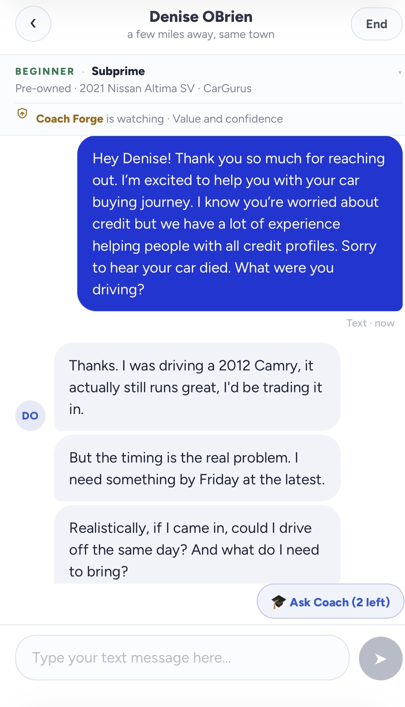 A pivot practice thread: an AI customer asking about credit and timing, with the coach watching for value and confidence.