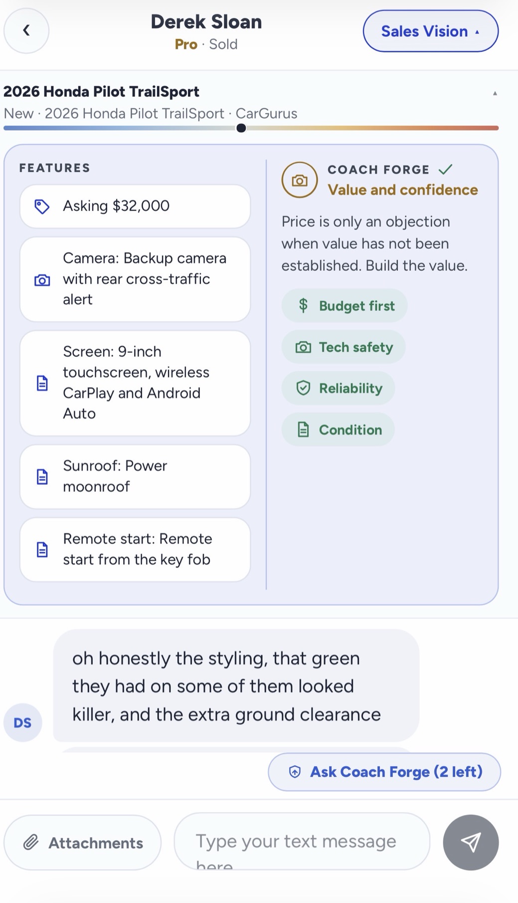 A pivot practice thread on a 2026 Honda Pilot TrailSport: the asking price, camera, screen, sunroof and remote start pulled up beside a Coach Forge note on value and confidence, while the customer talks about styling and ground clearance.